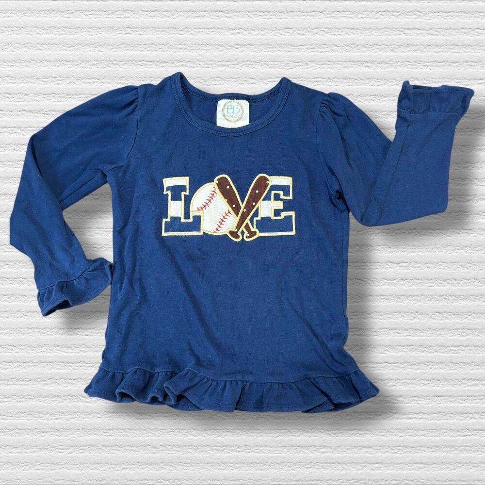 Blanks Boutique Girls 5T Navy LOVE Baseball Shirt Long Sleeve Ruffle Hem